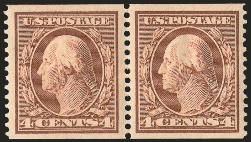 4c Orange Brown, Coil (354).> Pair with 3mm spacing, vibrant color, wide balanced margins, Extremely Fine, with 1985 P.F. certificate