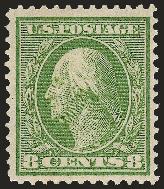 8c Olive Green, Bluish (363).> Lightly hinged, intense color on deeply blued paper, wide margins for this difficult issue, light pencil notation on back<><>^EXTREMELY FINE. A BEAUTIFULLY-CENTERED AND FRESH
ORIGINAL-GUM EXAMPLE OF THE RARE 8-CENT BL