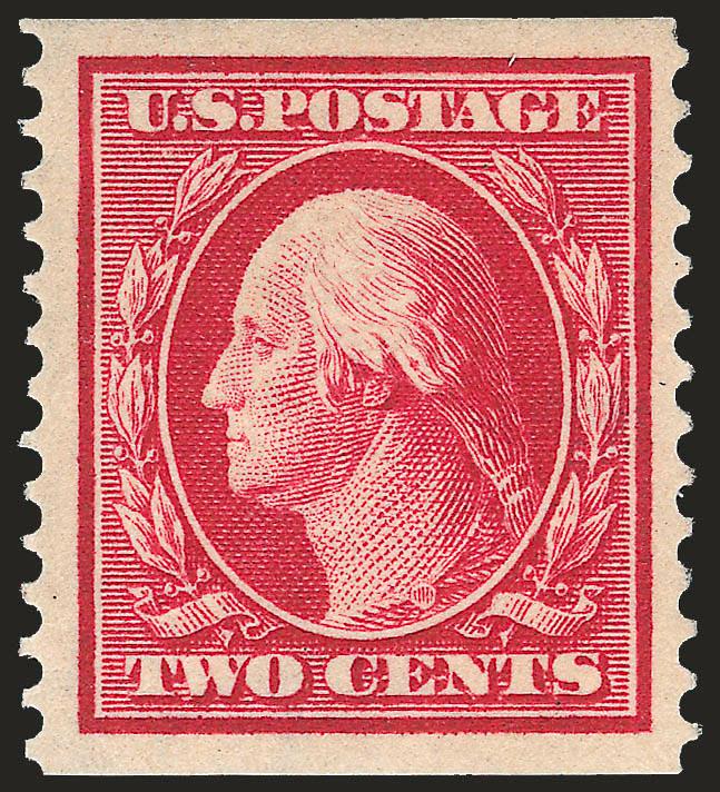2c Carmine, Coil (388).> Lightly hinged, almost perfectly centered, brilliant color<><>^EXTREMELY FINE ORIGINAL-GUM EXAMPLE OF THE 2-CENT HORIZONTAL COIL, SCOTT 388.^<><>This stamp is very scarce as a high
grade single. It was in production for o