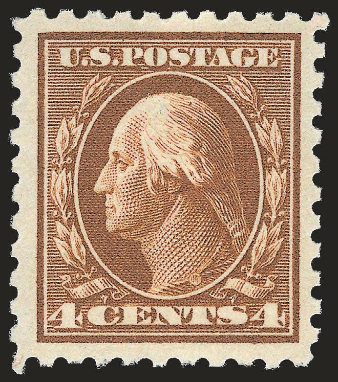 4c Brown (427).> Mint N.H., radiant color, crisp impression, wide and balanced margins approaching Jumbo, Extremely Fine, with copy of 1990 P.F. certificate for a block