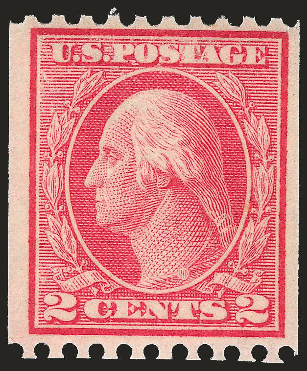 2c Red, Ty. I, Coil (449).> Brilliant color, well-centered for this difficult Rotary Press Coil with margins clear of the design top and bottom, Very Fine and choice, with copy of 1998 P.F. certificate for a
strip of four
