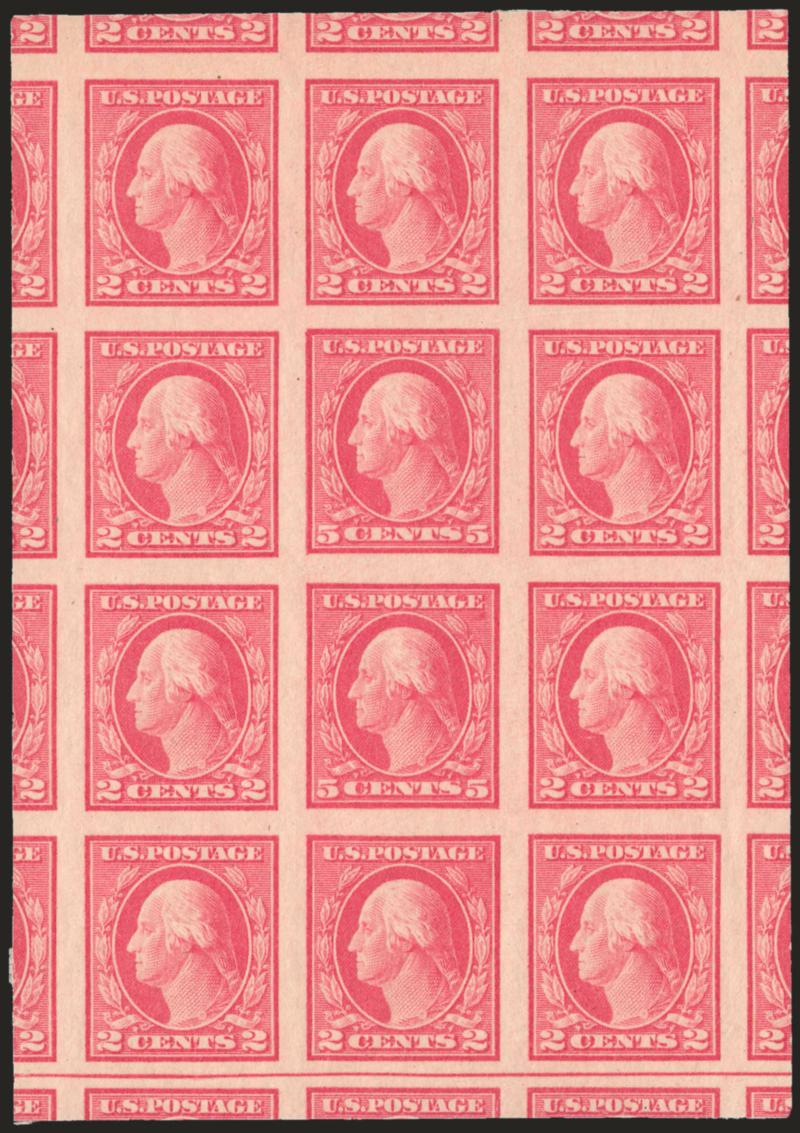 5c Carmine, Imperforate, Error (485).> Mint N.H. double error in block of twelve, huge margins all around with significant portions of all 18 adjoining stamps, luminous color on post office fresh
paper<><>^EXTREMELY FINE. AN INCOMPARABLE MINT NEVER