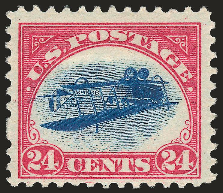 24c Carmine Rose & Blue, Center Inverted (C3a).> Position 64, lightly hinged with a small narrow remnant, deep rich colors, one unpunched perf disk at left<><>^VERY FINE. A BRIGHT AND FRESH WELL-CENTERED
EXAMPLE OF THE FAMOUS INVERTED JENNY.^<><>