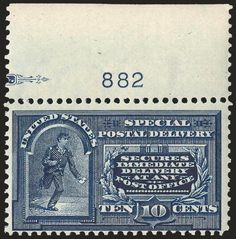 10c Blue, Special Delivery, Dot in Curved Frame Above Messenger (E5a).> With <plate no. 882 in selvage> at top, stamp Mint N.H., intense shade and impression, fresh and Fine, especially desirable because the
plate number tells us what position the va