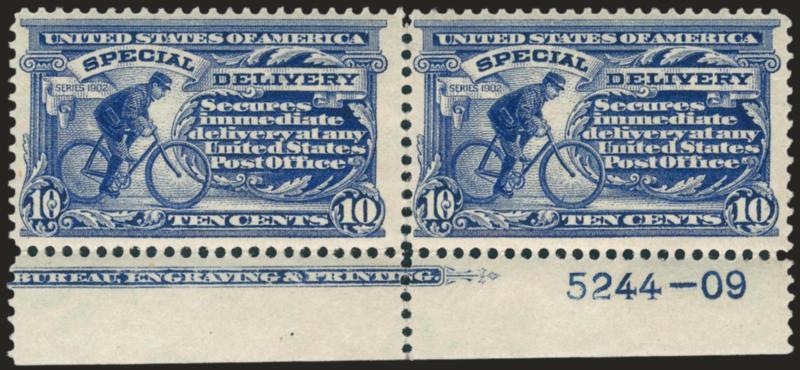 10c Blue, Special Delivery (E6a).> Bottom imprint and plate no. 5244-09 pair, rich color and detailed impression, Fine position pair of this desirable shade