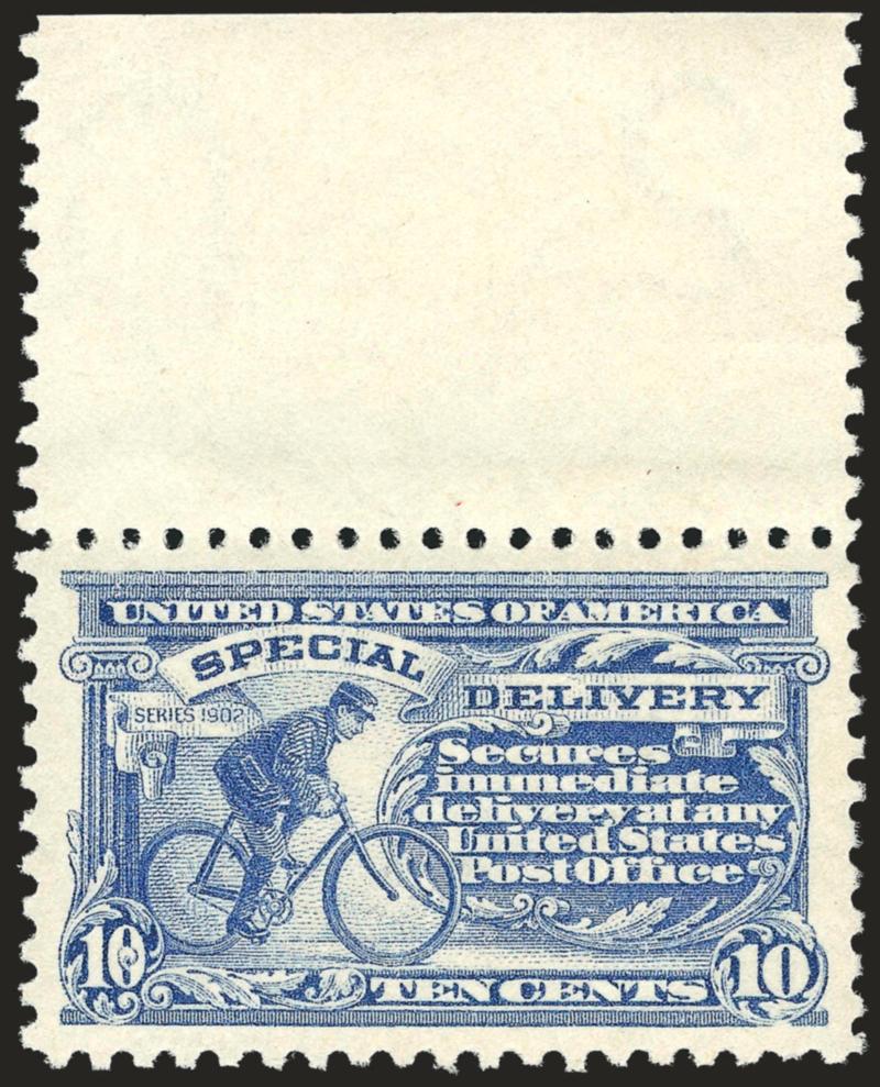 10c Ultramarine, Special Delivery (E9).> Mint N.H. top margin single, bright color, fresh and Extremely Fine, with 2001 P.F. certificate