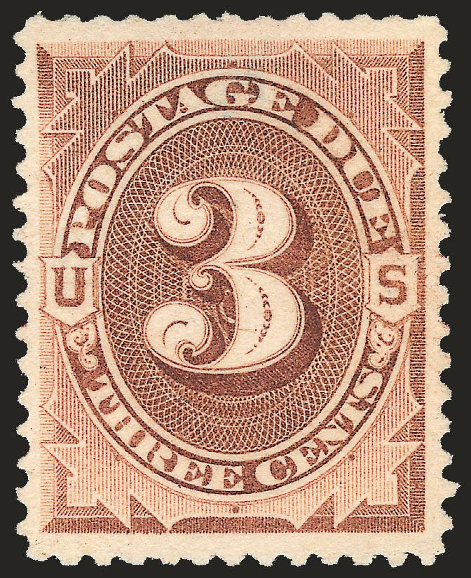 3c Deep Brown, Special Printing (J10).> Unused (no gum), bright color and detailed impression, choice centering for this difficult issue<><>^EXTREMELY FINE. THE 3-CENT IS POSSIBLY THE RAREST OF THE POSTAGE DUE
SPECIAL PRINTINGS, AND IS EXTREMELY EL