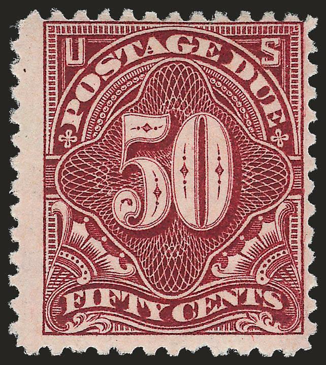 50c Deep Claret (J37).> Original gum, barest trace of hinging (accompanying certificate states Mint N.H.), deep rich color and proof-like impression on bright paper, fresh and Fine, with 2005 A.P.S.
certificate