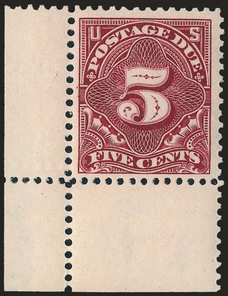 5c Deep Claret (J41).> Mint N.H. with <bottom left corner selvage,> deep rich color and detailed impression, wide margins, Very Fine and choice, a striking corner selvage stamp, with 2003 P.F.
certificate