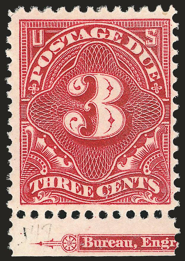 3c Deep Claret (J47).> Mint N.H. with <part imprint at bottom,> proof-like impression, fresh and Very Fine, Scott no. in selvage, with 2003 P.F. certificate