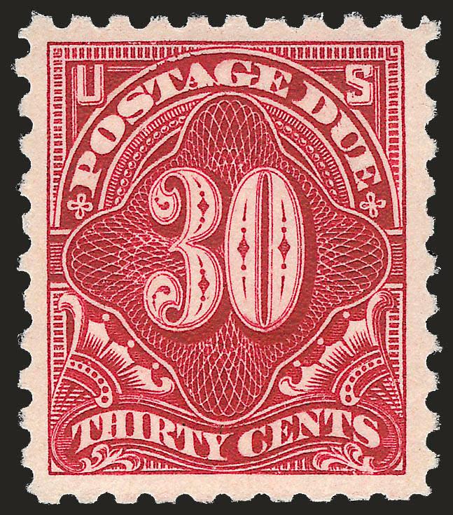 30c Carmine Lake (J57).> Mint N.H., deep rich color and proof-like impression on bright paper, wide and balanced margins, Extremely Fine, with 1996 P.F. and 2005 P.S.E. certificates (XF 90 SMQ
$1,150.00)