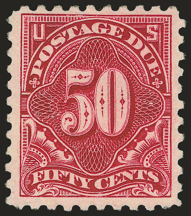 50c Carmine Lake (J58).> Original gum, lightly hinged, beautiful rich color, choice centering<><>^VERY FINE AND CHOICE. THE 1914 50-CENT POSTAGE DUE WITH ORIGINAL GUM IS ONE OF THE RAREST OF ALL POSTAGE DUE
STAMPS.^<><>Scott No. J58 has the highe