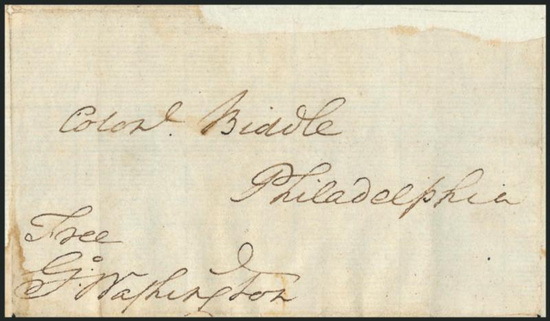 George Washington.> Free frank <<Free G. Washington>> as private citizen on folded cover addressed in his hand to Col. Clement Biddle in Philadelphia, no date (ca. 1786 from Mount Vernon), repaired and some
stains<><>^A BOLD FREE FRANK OF GEORGE