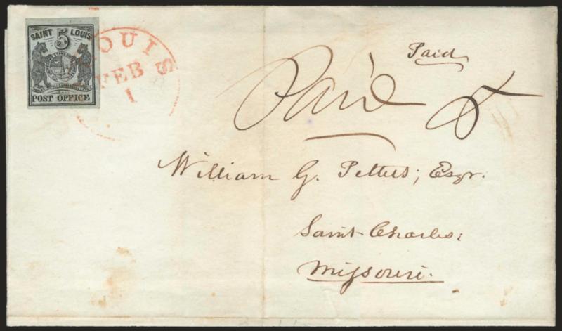 St. Louis Mo., 5c Black on Greenish (11X1).> Type I, Position 1, large margins to full, without the ususal pen cancel and tied solely by a <well-struck red St. Louis Mo. Feb. 1 circular datestamp> on 1846 folded
letter to St. Charles Mo., ms. Paid