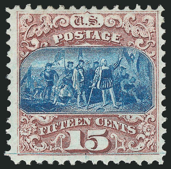 15c Brown & Blue, Ty. I (118).> Original gum, deep rich colors and clear impressions, beautiful centering for this difficult issue<><>^VERY FINE AND CHOICE. A LOVELY ORIGINAL-GUM EXAMPLE OF THE 15-CENT TYPE I
1869 PICTORIAL ISSUE.^<><>The 15c Typ