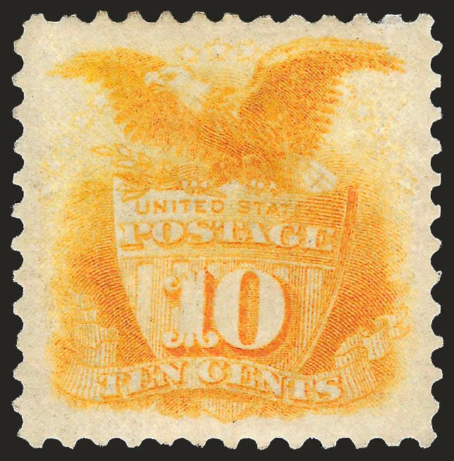 10c Yellow, Re-Issue (127).> Original gum, vibrant color as fresh as the day it was printed, perfectly centered with wide and balanced margins<><>^EXTREMELY FINE GEM. THIS MAGNIFICENT ORIGINAL-GUM EXAMPLE OF THE
10-CENT 1869 PICTORIAL RE-ISSUE HAS