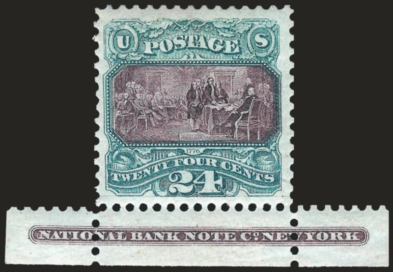 24c Green & Violet, Re-Issue (130).> Original gum, deep rich color and proof-like impression, with <bottom sheet selvage showing full National Bank Note Co. New York imprint of vignette plate,> well-balanced
margins<><>^VERY FINE AND CHOICE. A BE