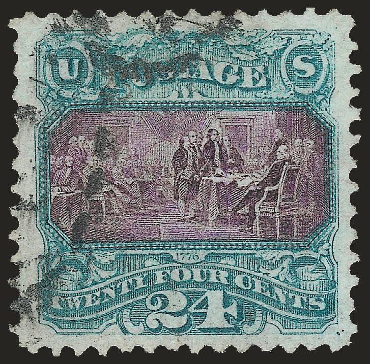 24c Green & Violet, Re-Issue (130).> Unusually wide margins and nearly perfect centering, bright colors, unobtrusive cancels leave design clearly visible<><>^EXTREMELY FINE. A BEAUTIFUL USED EXAMPLE OF THE
24-CENT 1869 PICTORIAL RE-ISSUE.^<><>Wit
