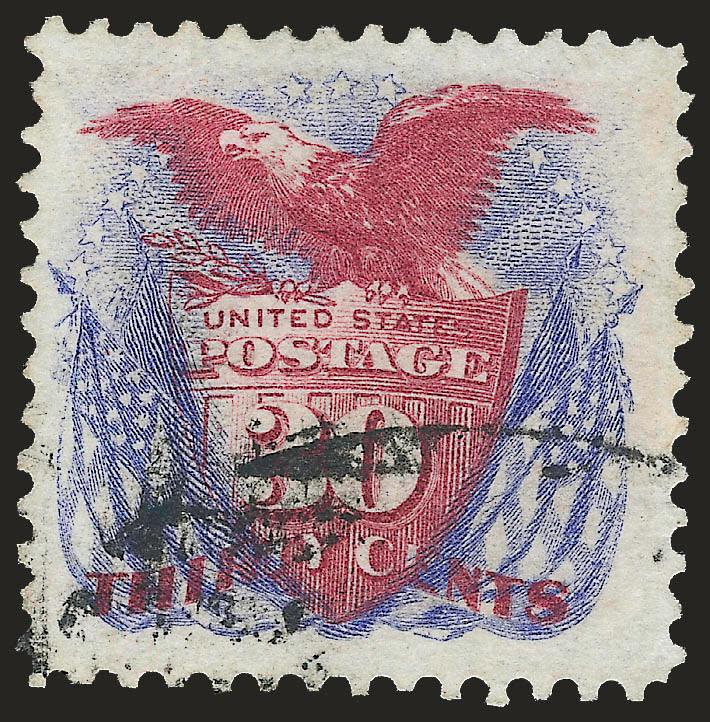 30c Blue & Carmine, Re-Issue (131).> Vivid colors, wide margins and nicely centered, unobtrusive strike of oval grid<><>^VERY FINE AND CHOICE. AN EXCEPTIONALLY BEAUTIFUL USED EXAMPLE OF THE 30-CENT 1869
PICTORIAL RE-ISSUE.^<><>With 1996 P.F. cert