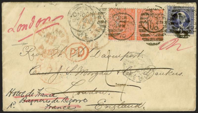 6c Ultramarine (115).> Tied by cork cancel, Lewiston Me. May 13 (1870) circular datestamp on cover <to London, England, forwarded to Bagneres-de-Bigorre, France, and back to London,> an array of transit markings
incl. scarce red <Portland Me. Paid