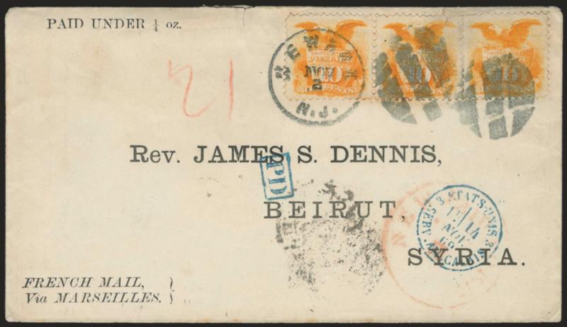 10c Yellow (116).> Horizontal pair and single, vibrant color, small tear in one, tied by segmented cork cancels and Newark N.J. Nov. 2 (1869) circular datestamp on cover with printed address <to Beirut, Syria,>
printed route instructions French Ma