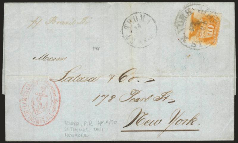 10c Yellow (116).> Bright shade, tied by <N. York Steamship Apr.> circular datestamp on Apr. 9, 1869 folded letter <from Arroyo, Puerto Rico, to New York via St. Thomas D.W.I.,> senders blue oval datestamp on
back, unusual red Lamb & Co. Ship Ins