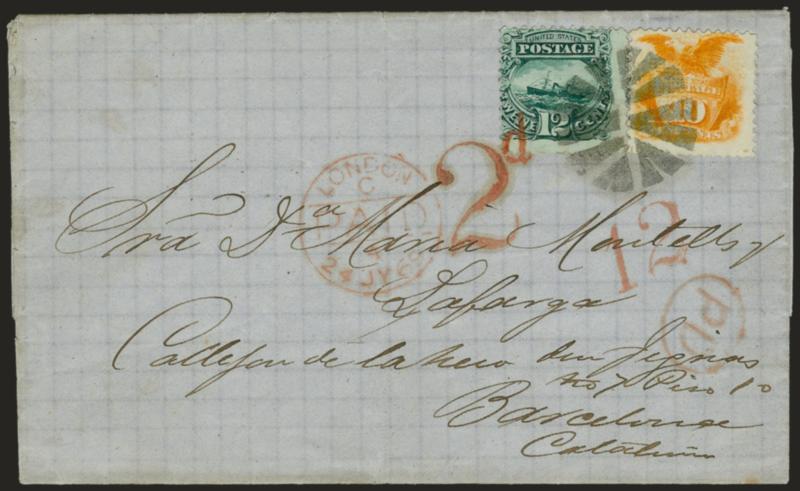 10c Yellow, 12c Green (116, 117).> Remarkably bright and rich colors, tied by beautiful bold Leaf cancel on blue folded letter <to Barcelona, Spain,> , red 12 credit handstamp and matching New York Paid All.
Jul. 13 (1869) backstamp, red London t