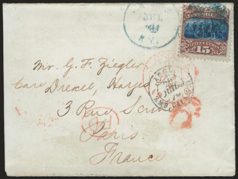 15c Brown & Blue, Ty. II (119).> Deep rich colors, tied by <blue> Paris Ky. Jul. 4 (1870) circular datestamp and duplex cork cancel on <Phantom Rate cover to Paris, France,> indistinct red New York Paid All Br.
Transit backstamp and matching 6