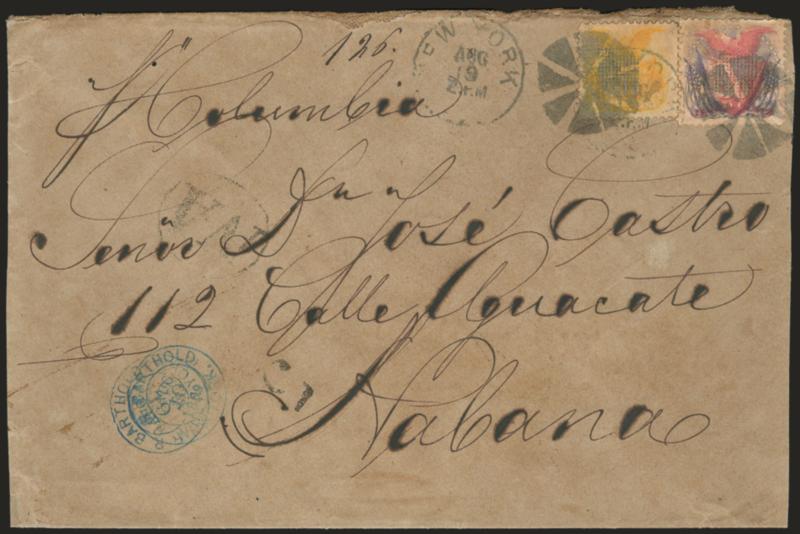 30c Ultramarine & Carmine (121).> Used with <10c Yellow (116)> and tied by circle of wedges, matching  New York Aug. 19 2PM circular datestamp on brown linen-lined 1869 cover <to Havana, Cuba,> blue company
handstamp at left, light strike of oval 