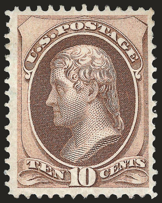 10c Brown, Grill (139).> H. Grill, original gum, lightly hinged, brilliant color and crisp impression<><>^VERY FINE AND CHOICE. A BEAUTIFUL ORIGINAL-GUM EXAMPLE OF THE 1870 10-CENT NATIONAL BANK NOTE COMPANY
GRILLED ISSUE.^<><>With 2009 P.S.E. ce