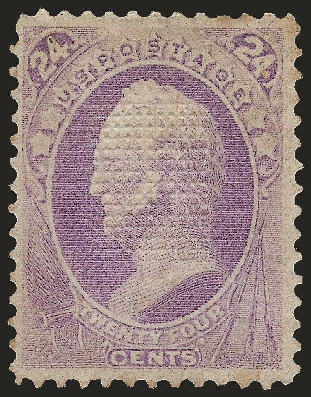 24c Purple, 11 x 14 Point Essay Grill, Points Down (unlisted 142-E).> Strongly impressed grill, without gum, excellent color, slightly toned (more evident on back), 1.5mm tear in bottom right margin<><>^VERY
FINE APPEARANCE. AN EXTREMELY RARE AND P