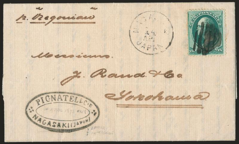 3c Green (158).> Cancelled by bold grid, <Nagasaki, Japan, 14 Apr.> circular datestamp on folded letter <to Yokohama, Japan,> endorsed <<pr. Oregonian>> at top left, Pignatel & Co. double oval handstamp at
bottom left, letter written in French, s