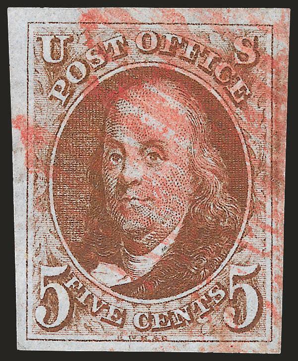 5c Orange Brown (1b).> Huge margins all around, warm shade beautifully complemented by red grid cancel<><>^EXTREMELY FINE GEM. A SUPERB USED EXAMPLE OF THE 5-CENT 1847 ISSUE IN THE ORANGE BROWN SHADE.^<><>With
1997 P.F. and 2008 P.S.E. certificat