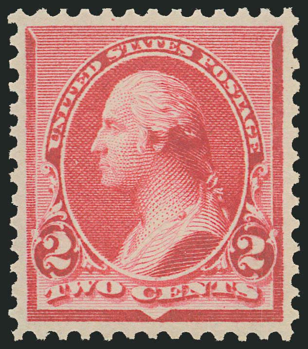 2c Carmine, Cap on Left 2 (220a).> Mint N.H., deep rich color, perfectly centered with wide and balanced margins<><>^EXTREMELY FINE GEM. THIS SUPERB STAMP IS UNQUESTIONABLY ONE OF THE FINEST MINT NEVER-HINGED
EXAMPLES OF THE 2-CENT 1890 ISSUE WIT