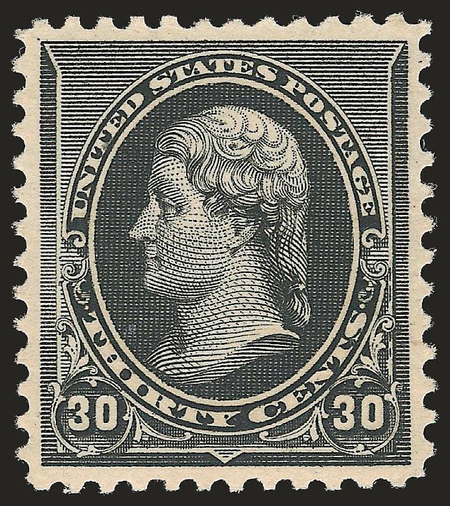 30c Black (228).> Mint N.H., intense shade and proof-like impression on bright paper, unusually choice centering with wide and balanced margins<><>^EXTREMELY FINE GEM. A SUPERB MINT NEVER-HINGED EXAMPLE OF THE
30-CENT 1890 ISSUE.^<><>With 2008 P.