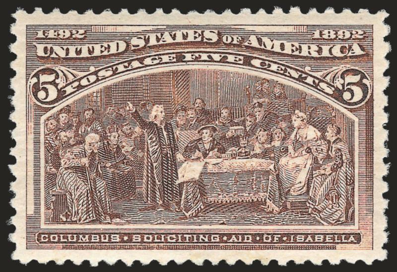 5c Columbian (234).> Mint N.H., brilliant color and crisp impression, mathematically perfect centering, long and full perforations all around<><>^EXTREMELY FINE GEM. THIS MAGNIFICENT MINT NEVER-HINGED EXAMPLE OF
THE 5-CENT COLUMBIAN HAS BEEN AWARDE