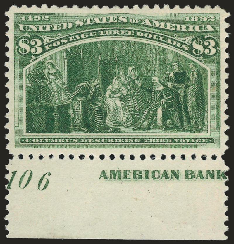 $3.00 Olive Green, Columbian (243a).> Original gum, lightly hinged, with <plate no. 106 and part imprint selvage at bottom,> deep rich color and proof-like impression on bright paper, gorgeous centering with
wide and balanced margins<><>^EXTREMELY