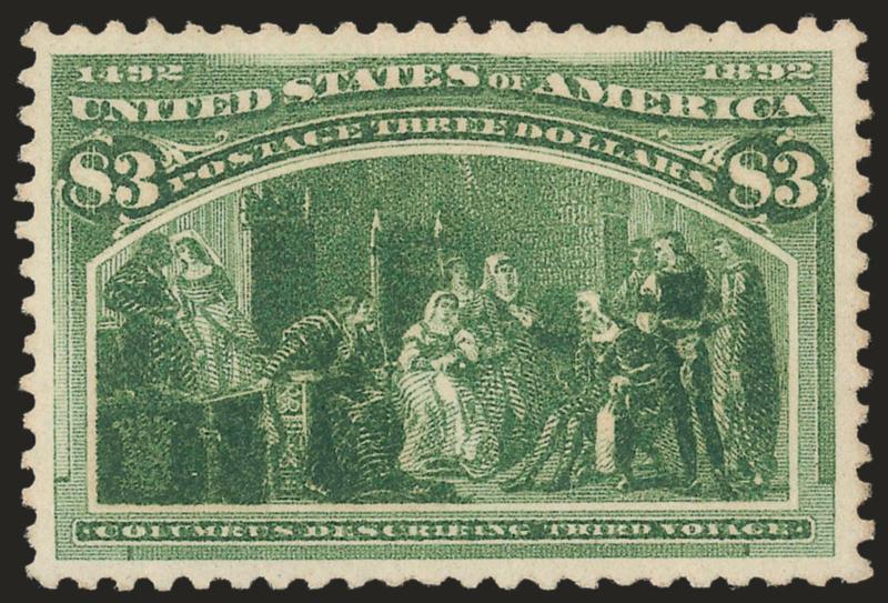 $3.00 Olive Green, Columbian (243a).> Mint N.H., deep rich color and proof-like impression on bright paper, well-proportioned margins<><>^FRESH AND EXTREMELY FINE MINT NEVER-HINGED EXAMPLE OF THE $3.00 COLUMBIAN
ISSUE IN THE OLIVE GREEN SHADE.^<><