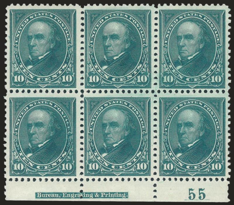 10c Dark Green (258).> Bottom imprint and plate no. 55 block of six, all Mint N.H. except pos. 2, rich color<><>^VERY FINE IMPRINT AND PLATE BLOCK OF THE 10-CENT 1894 UNWATERMARKED BUREAU ISSUE.^<><>With 2009
P.S.E. certificate