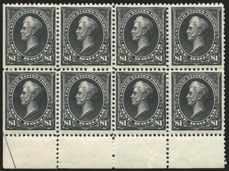 $1.00 Black (261).> Bottom selvage block of eight with part arrow and natural s.e. at left, bottom center stamps Mint N.H., other six lightly hinged, intense shade and impression, usual natural gum
bends<><>^VERY FINE. A RARE BOTTOM SELVAGE BLOCK O