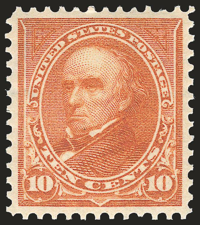 10c Orange Brown, Ty. II, Vertical Wmk. (283a).> Mint N.H., radiant color as fresh as the day it was printed on crisp paper, mathematically perfect centering with wide and balanced margins, long and full
perforations all around<><>^EXTREMELY FINE G