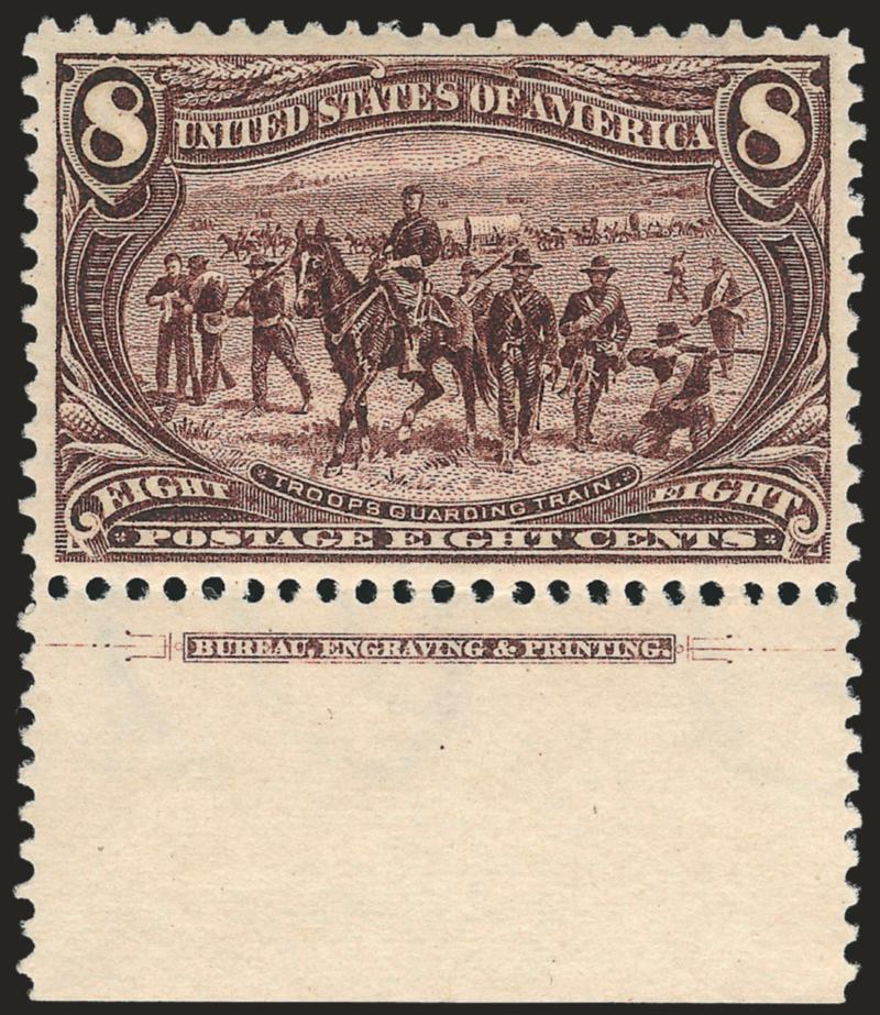 8c Trans-Mississippi (289).> Mint N.H. with <imprint at bottom,> deep rich color and proof-like impression, perfectly centered with wide and balanced margins<><>^EXTREMELY FINE GEM. THIS MAGNIFICENT STAMP HAS
BEEN AWARDED THE GRADE OF SUPERB 98 BY