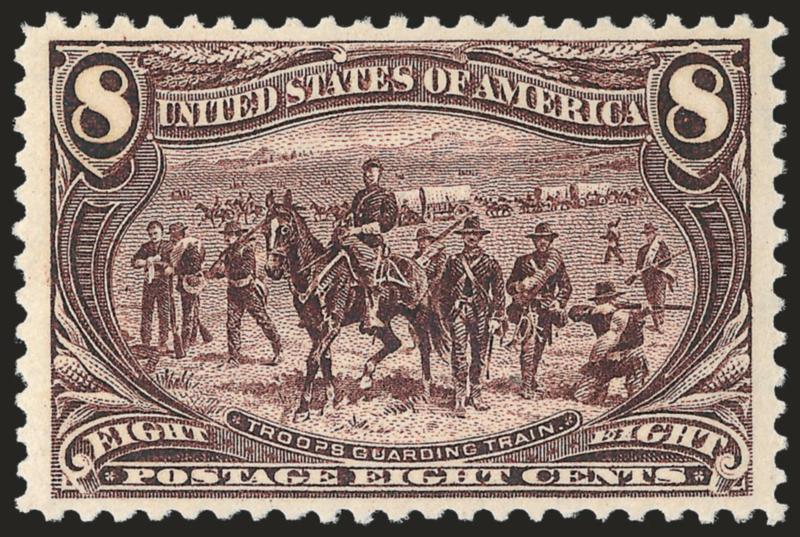 8c Trans-Mississippi (289).> Mint N.H., intense shade and detailed impression on post-office fresh paper, unusually choice centering with Jumbo margins<><>^EXTREMELY FINE GEM. A SUPERB MINT NEVER-HINGED EXAMPLE
OF THE 8-CENT TRANS-MISSISSIPPI ISSUE