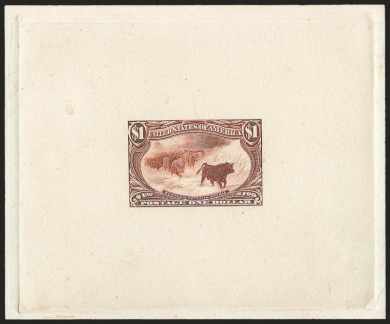 $1.00 Dusky Red Orange, Large Die Essay on India (292-E7).> On 96 x 75mm card with full die sinkage, rich color<><>^VERY FINE AND CHOICE. BELIEVED TO BE THE FINER OF THE TWO EXAMPLES OF THIS $1.00
TRANS-MISSISSIPPI DIE ESSAY IN PRIVATE HANDS.^<><