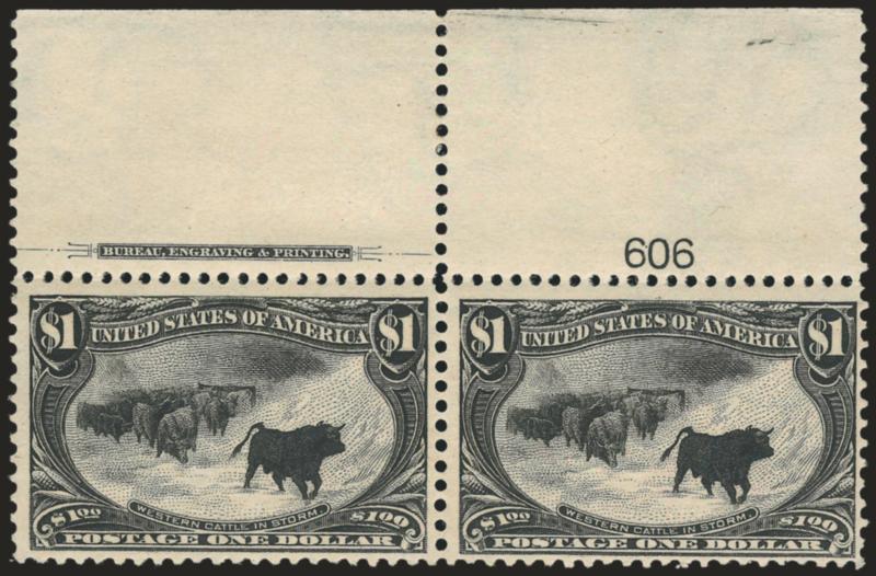 $1.00 Trans-Mississippi (292).> Horizontal pair with <wide top imprint and plate no. 606 selvage,> original gum, stamps barely hinged, deep shade, fresh paper<><>^FINE-VERY FINE. A SPECTACULAR WIDE TOP IMPRINT
AND PLATE NUMBER PAIR OF THE $1.00 TRA