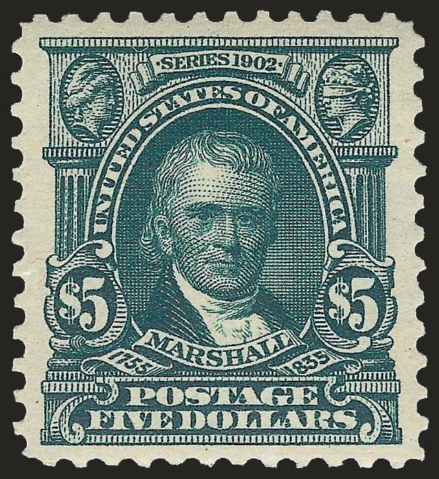 $5.00 Dark Green (313).> Lightly hinged, intense shade and proof-like impression, wide and balanced margins<><>^EXTREMELY FINE GEM. A GORGEOUS ORIGINAL-GUM EXAMPLE OF THE $5.00 MARSHALL 1902 ISSUE.^<><>With 2001
P.F. and 2006 P.S.E. certificates