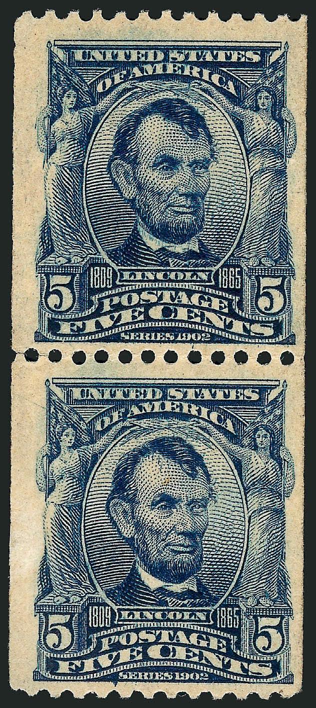 5c Blue, Vertical Coil (317).> Pair, barest trace of hinging, deep rich color, choice centering for this difficult issue<><>^VERY FINE. A CHOICE EXAMPLE OF THE RARE 5-CENT 1908 VERTICAL COIL.^<><>Armstrong notes
that as of 1980 only 79 pairs had