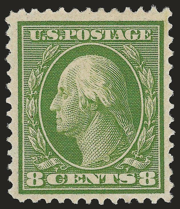 8c Olive Green, Bluish (363).> Single hinge mark, intense color on deeply blued paper, wide margins for this difficult issue<><>^VERY FINE AND CHOICE. A BEAUTIFUL ORIGINAL-GUM EXAMPLE OF THE RARE 8-CENT BLUISH
PAPER.^<><>According to Johl (Vol. 1