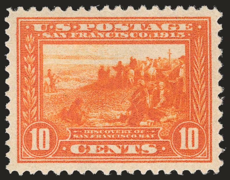 10c Orange, Panama-Pacific (400A).> Mint N.H., brilliant color on post-office fresh paper, detailed impression, almost mathematically perfect centering with wide margins, unusual offset of an almost complete 10c
stamp on back<><>^EXTREMELY FINE GEM