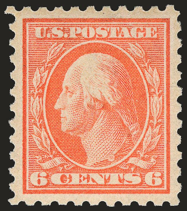 6c Red Orange (429).> Mint N.H., radiant color as fresh as the day it was printed, mathematically perfect centering with wide and balanced margins, long and full perforations<><>^EXTREMELY FINE GEM. THIS
POST-OFFICE FRESH STAMP HAS BEEN AWARDED THE